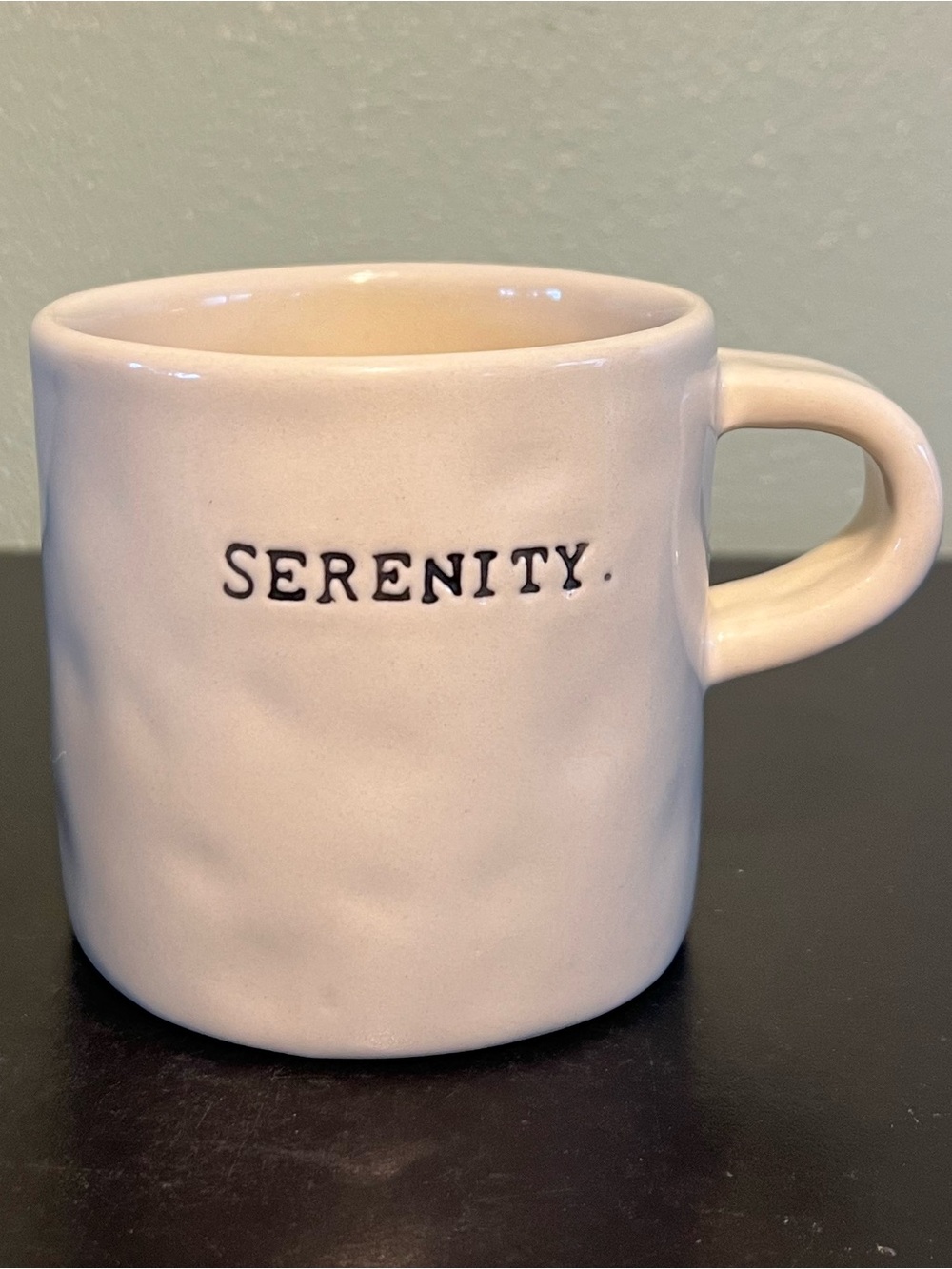 Rae Dunn By Magenta Cream Dimpled Mug w/ Typewriter Font Single Word SERENITY